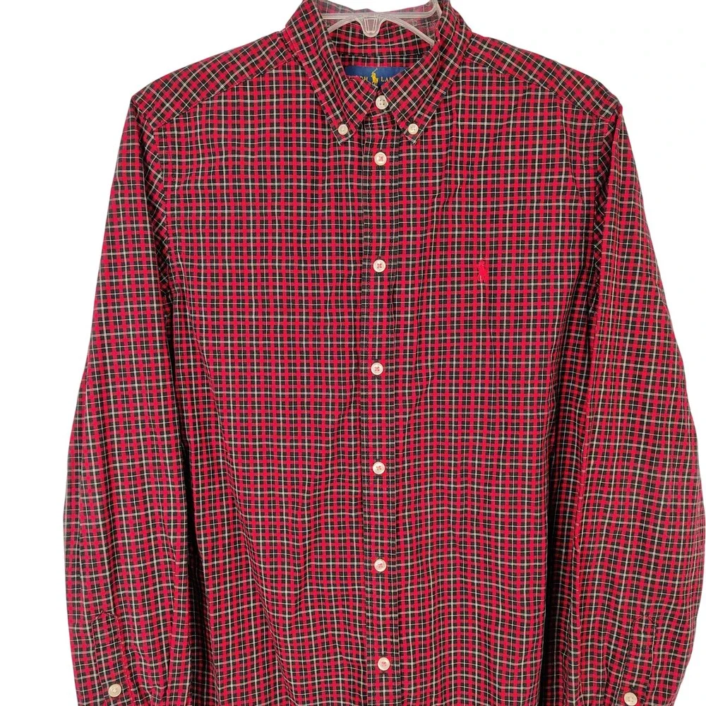 Ralph Lauren Boys XL 18-20 Red Black Plaid Cotton Button Down Shirt Long Sleeve